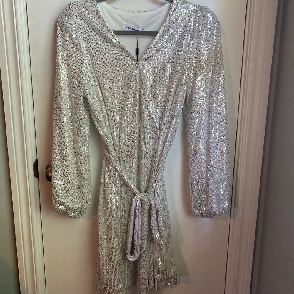 Silver Sequin Wrap Dress with Belt